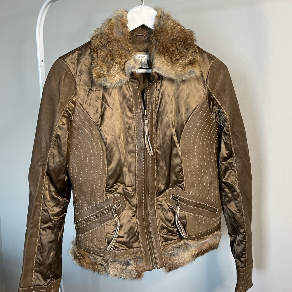 Cache Goat Leather and Rabbit Fur Trim Jacket